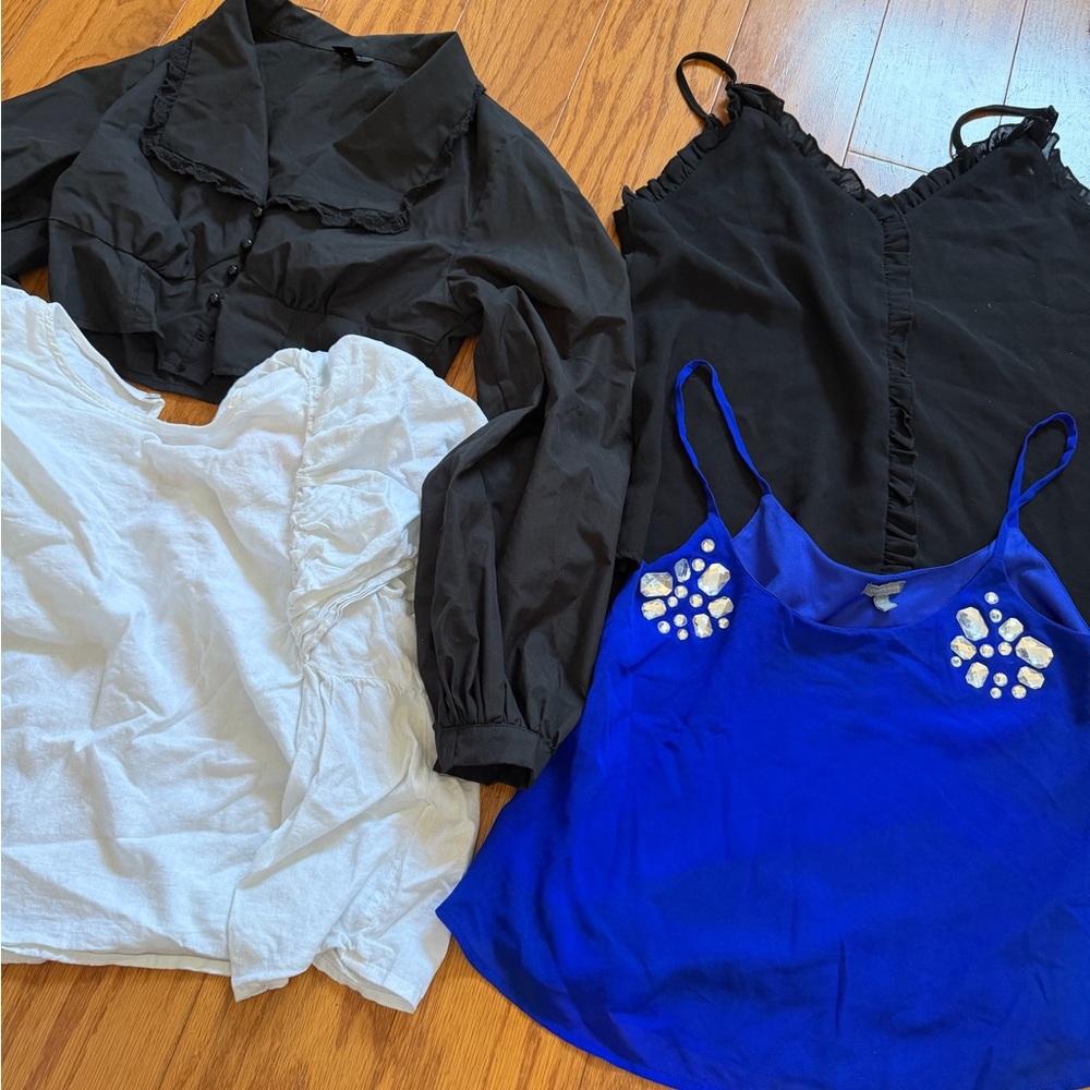 Lot of 4 Stylish Women's Tops Collection - Black, White, and Blue Medium M